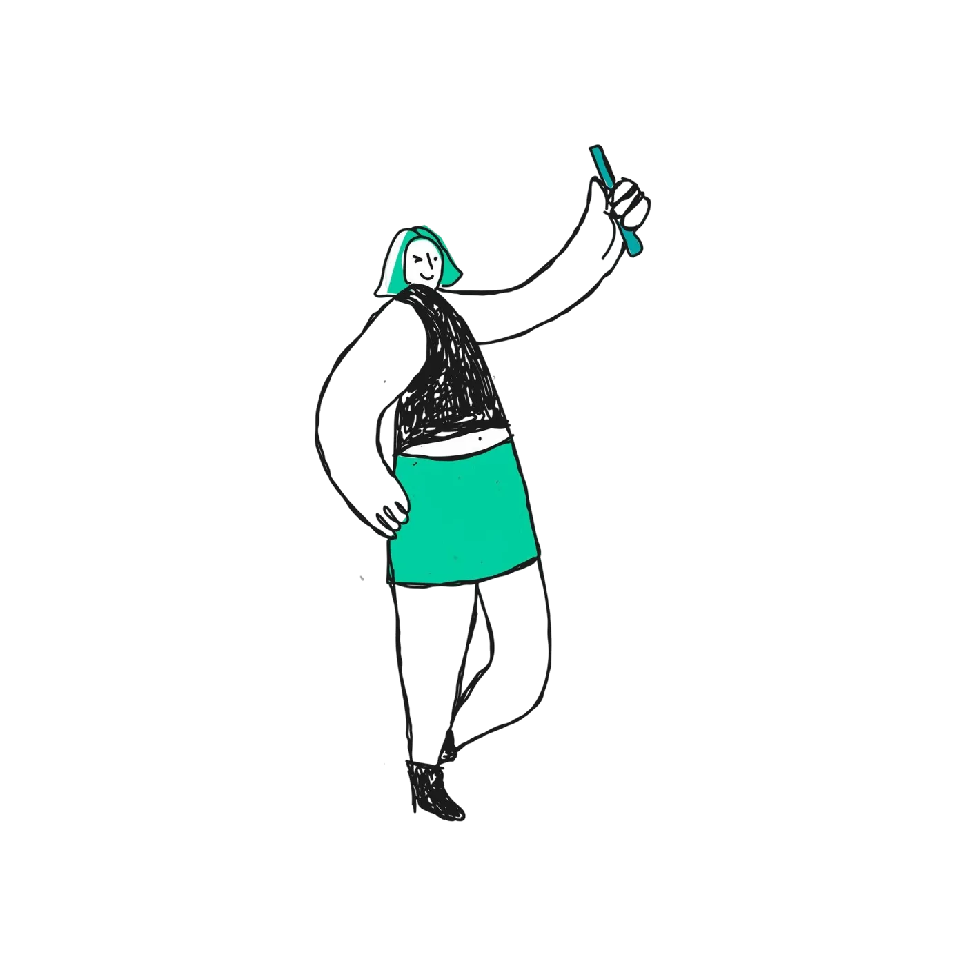 A loose single-line doodle of a writer holding a pen, with a green accent
