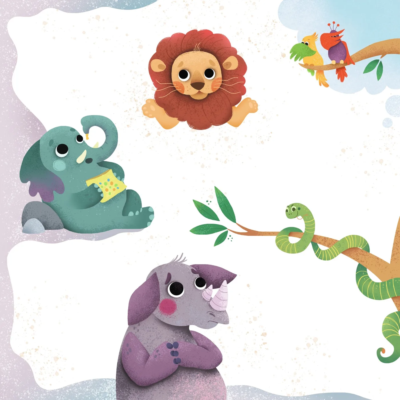 Hand-illustrated children’s book characters — a thoughtful little rhinoceros, a lion, an elephant, parrots and a snake in soft watercolour